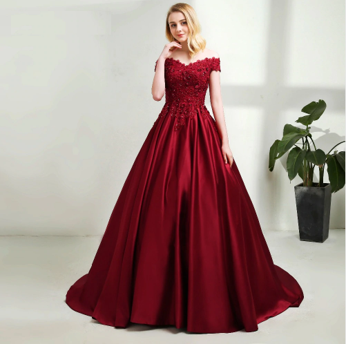 G130, Wine Satin Off Shoulder Trail Ball gown, Size: All, Color: All