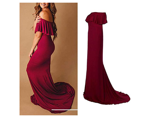 G42, Long Off Shoulder Wine Maternity shoot Baby Shower Lycra Body Fit Gown, Size: All, Color: All