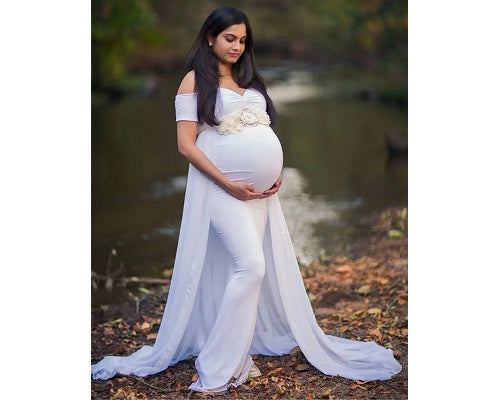 G152, White Maternity Shoot Trail Baby Shower Lycra Body Fit Gown, Size: All, Color: All