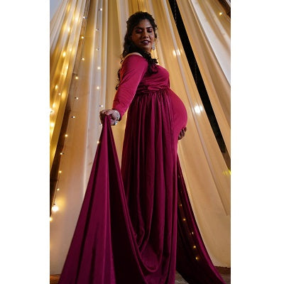G44 ,Wine Maternity shoot Baby Shower Lycra Body Fit Gown, Size: All, Color: All