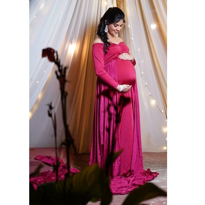 G44 ,Wine Maternity shoot Baby Shower Lycra Body Fit Gown, Size: All, Color: All