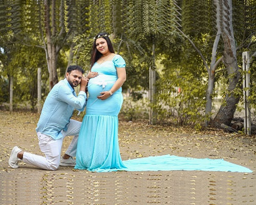 G243,Light Blue Maternity Shoot Baby Shower Trail Lycra Body Fit Gown, Size: All,Color: All