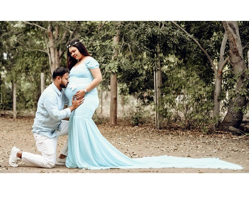 G243,Light Blue Maternity Shoot Baby Shower Trail Lycra Body Fit Gown, Size: All,Color: All