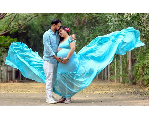 G243,Light Blue Maternity Shoot Baby Shower Trail Lycra Body Fit Gown, Size: All,Color: All