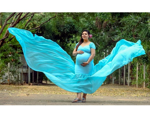 G243,Light Blue Maternity Shoot Baby Shower Trail Lycra Body Fit Gown, Size: All,Color: All