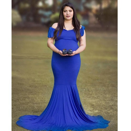 G248, Royal Blue Maternity Shoot Baby Shower Trail Lycra Fit Gown,Size: All, Color: All