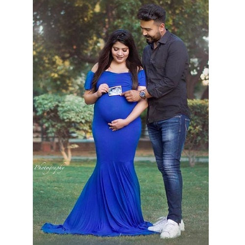 G248, Royal Blue Maternity Shoot Baby Shower Trail Lycra Fit Gown,Size: All, Color: All
