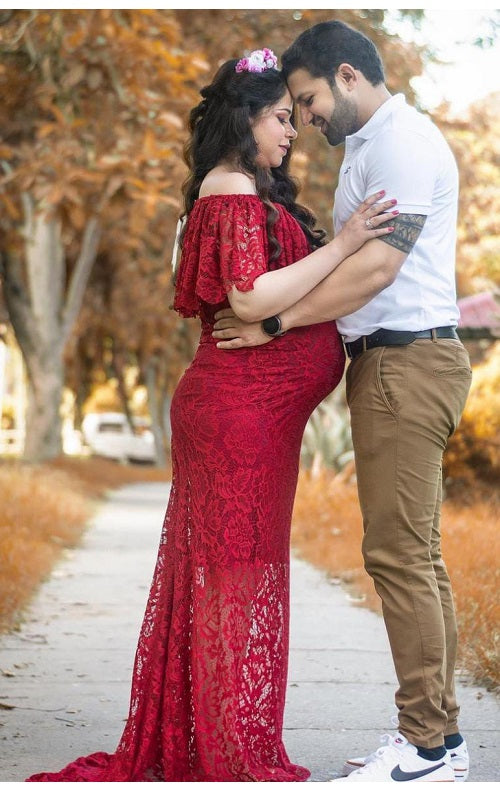 G408, Wine Lace Os Maternity Shoot Trail Baby Shower Lycra Body Fit Gown, Size: All, Color: All