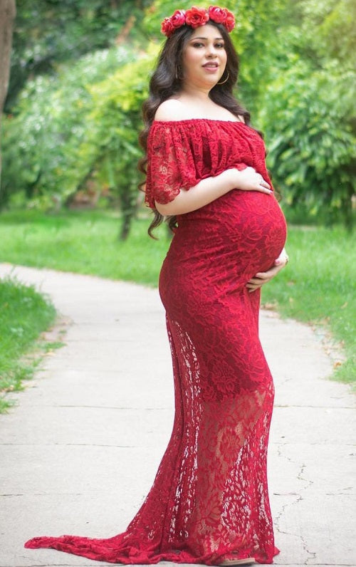 G408, Wine Lace Os Maternity Shoot Trail Baby Shower Lycra Body Fit Gown, Size: All, Color: All