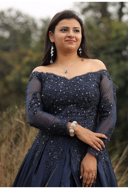 G329, Navy blue Satin Semi Off Shoulder Full Sleeves Prewedding Shoot Trail Ball Gown Size: All, Color: All