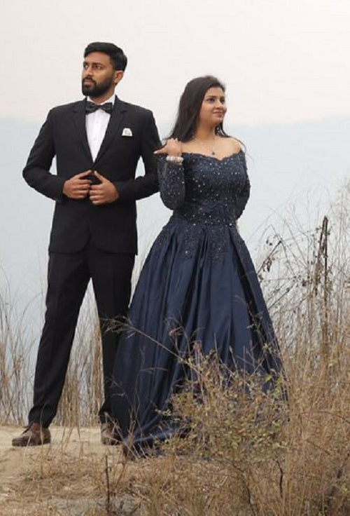 G329, Navy blue Satin Semi Off Shoulder Full Sleeves Prewedding Shoot Trail Ball Gown Size: All, Color: All