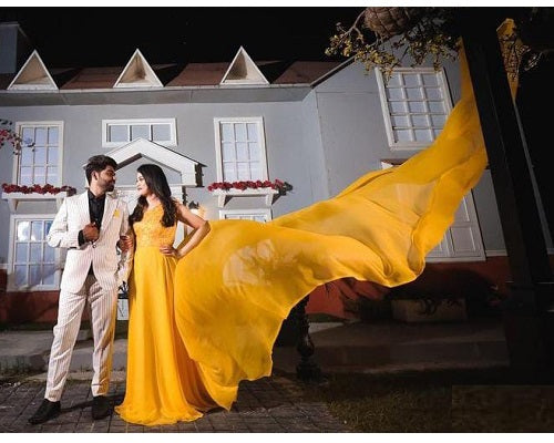 G378, Yellow prewedding Shoot Long Trail Gown, Size: All, Color: All