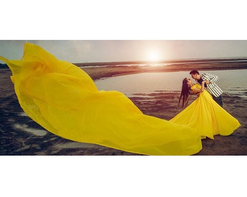 G378, Yellow prewedding Shoot Long Trail Gown, Size: All, Color: All