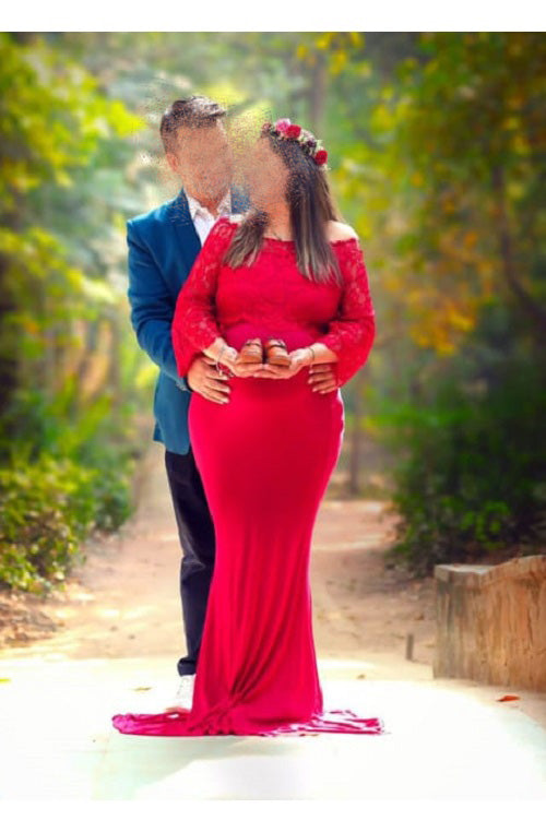 G208, Wine Os Full Sleeves Maternity Shoot Trail Baby Shower Lycra Body Fit Gown, Size: All, Color: All