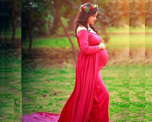 G44 ,Wine Maternity shoot Baby Shower Lycra Body Fit Gown, Size: All, Color: All