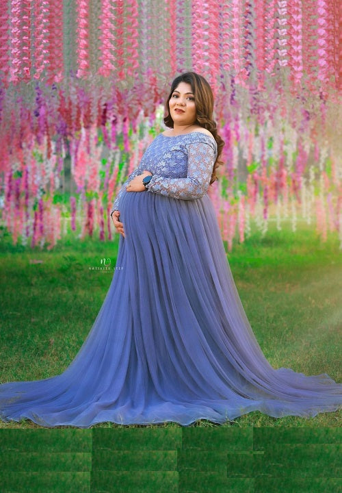 G445, Grey Maternity Shoot Baby Shower Trail Lycra Fit Gown, Size: All, Color: All