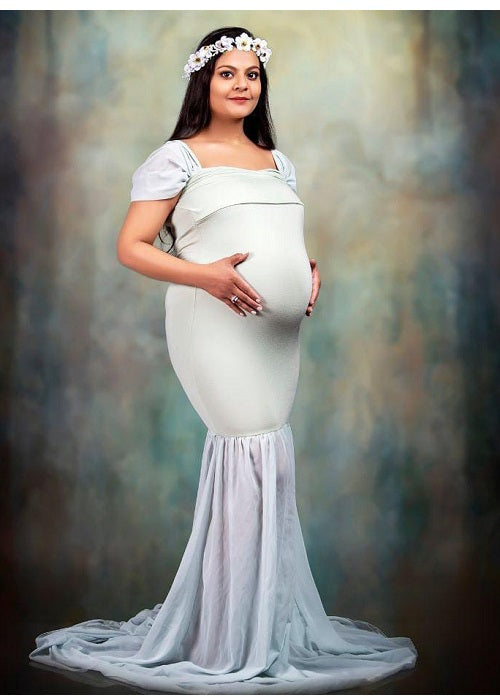 G48,Light Green Maternity Shoot Trail Baby Shower Lycra Body Fit Gown, Size: All, Color: All