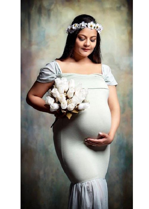 G48,Light Green Maternity Shoot Trail Baby Shower Lycra Body Fit Gown, Size: All, Color: All