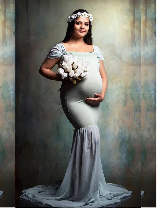G48,Light Green Maternity Shoot Trail Baby Shower Lycra Body Fit Gown, Size: All,Color: All