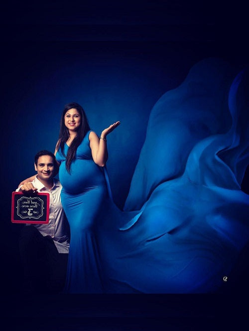 G222, Cyan Blue Maternity Veil Trail Baby Shower Gown, Size: All, Color: All