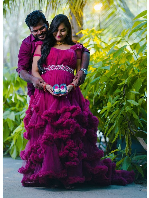 G148, Wine Puffy Maternity Shoot Baby Shower Trail Gown Size: All, Color: All