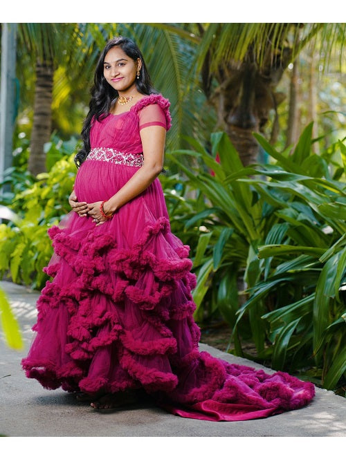 G148, Wine Puffy Maternity Shoot Baby Shower Trail Gown Size: All, Color: All