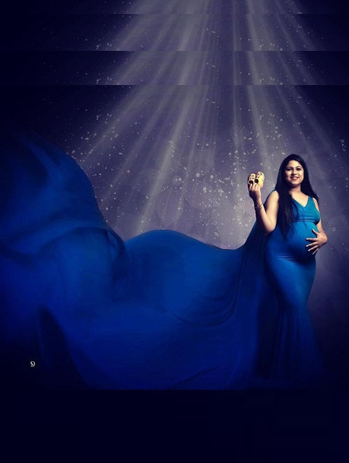 G222, Cyan Blue Maternity Veil Trail Baby Shower Gown, Size: All, Color: All