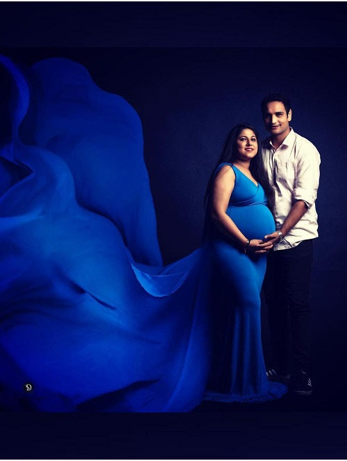 G222, Cyan Blue Maternity Veil Trail Baby Shower Gown, Size: All, Color: All