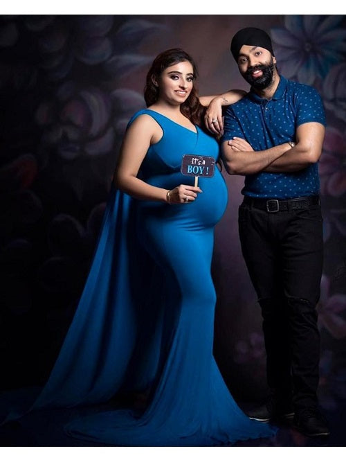 G222, Cyan Blue Maternity Veil Trail Baby Shower Gown, Size: All, Color: All