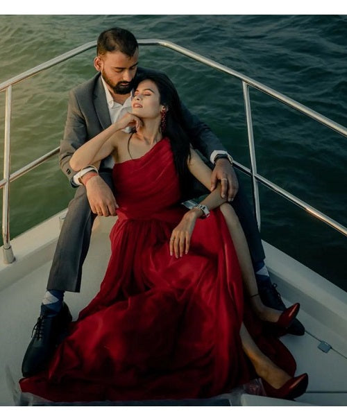 G475, Wine One Shoulder Prewedding Long Trail Gown Size: All, Color: All