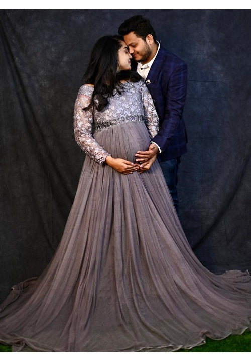 G445, Grey Maternity Shoot Baby Shower Trail Lycra Fit Gown, Size: All, Color: All