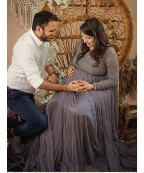 G445, Grey Maternity Shoot Baby Shower Trail Lycra Fit Gown, Size: All, Color: All