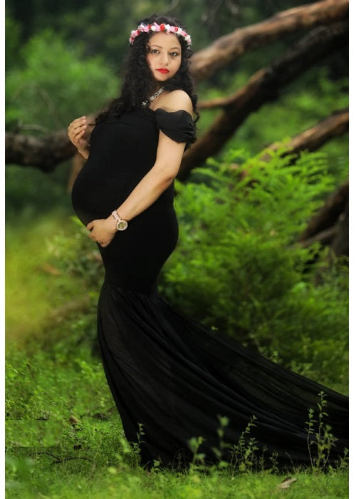 G220, Black Maternity Shoot Trail Baby Shower Lycra Fit Gown, Size: All, Color: All