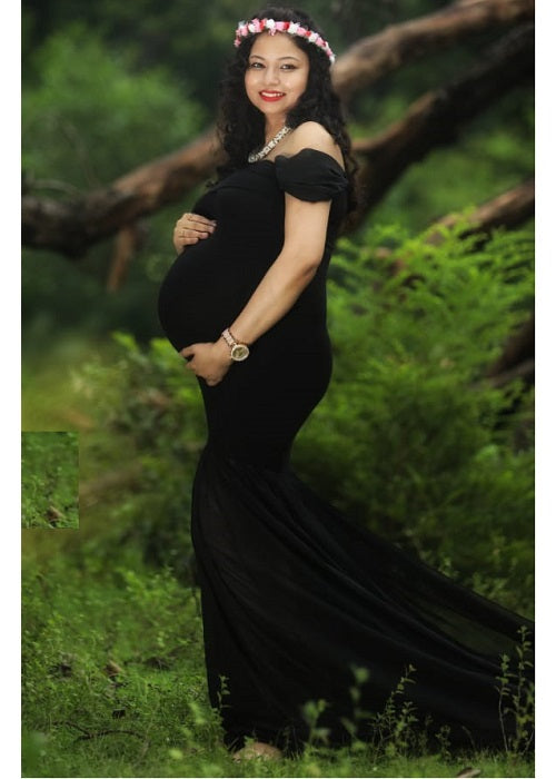 G220, Black Maternity Shoot Trail Baby Shower Lycra Fit Gown, Size: All, Color: All