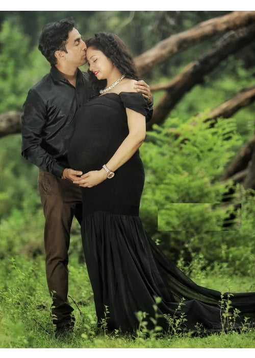 G220, Black Maternity Shoot Trail Baby Shower Lycra Fit Gown, Size: All, Color: All