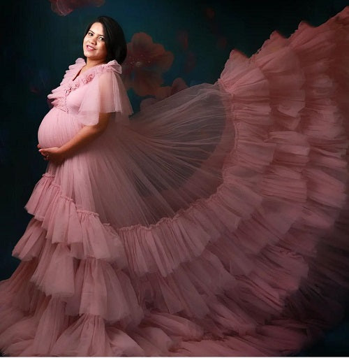 G555, Peach Ruffled Maternity Shoot Gown, Size: All, Color: All