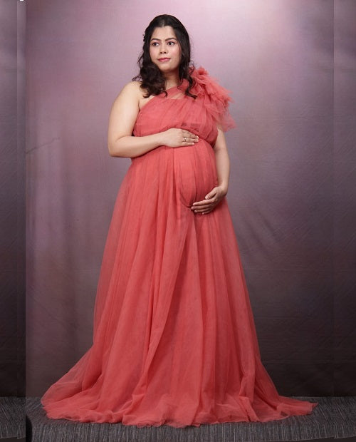 G419, Watermelon  Maternity One Shoulder Gown, Size: All, Color: All