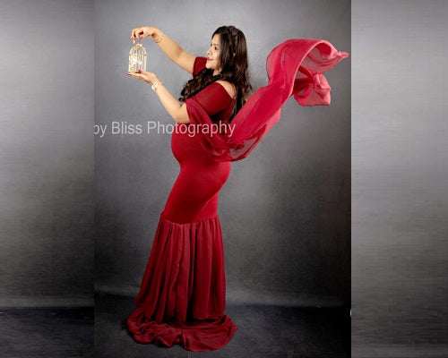 G181 (5) Wine Maternity Shoot Long Sleeves Trail Baby Shower Lycra Fit Gown, Size: All, Color: All