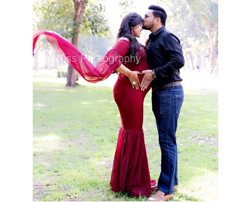 G181 (5) Wine Maternity Shoot Long Sleeves Trail Baby Shower Lycra Fit Gown, Size: All, Color: All