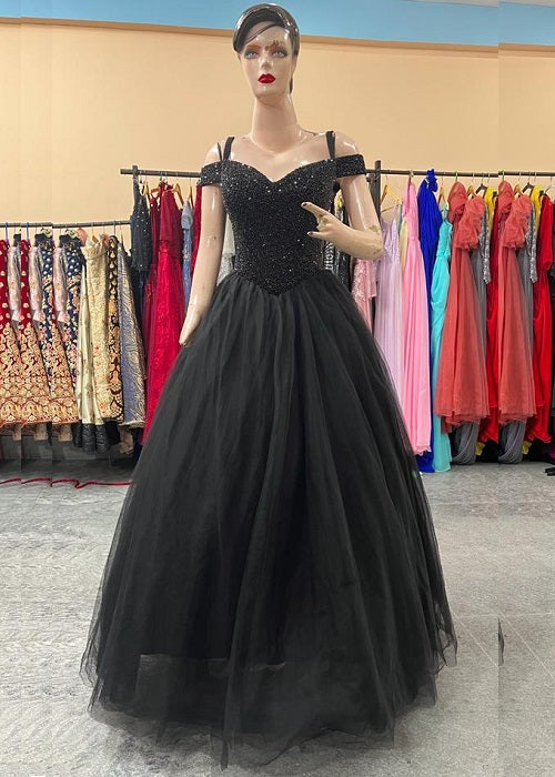 G746, Black Luxury Semi Off Shoulder Ball Gown, Size (XS-30 to XL-35)