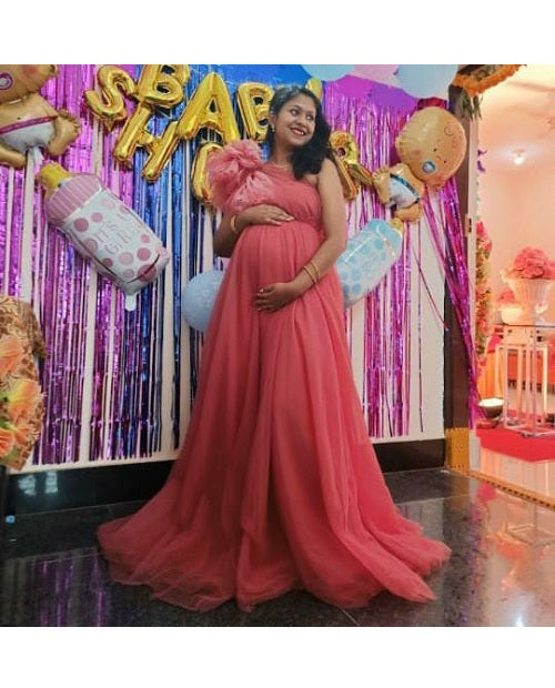 G419, Watermelon  Maternity One Shoulder Gown, Size: All, Color: All