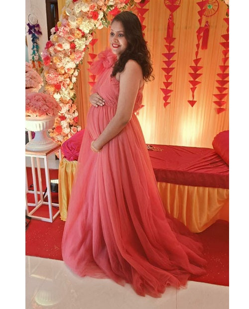 G419, Watermelon  Maternity One Shoulder Gown, Size: All, Color: All