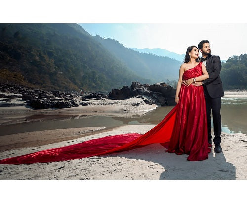 G475, Wine One Shoulder Prewedding Long Trail Gown Size: All, Color: All