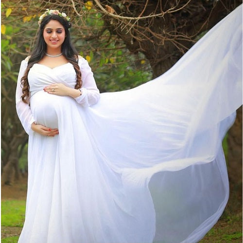 G444, White Trail Lycra Body Fit Maternity Gown, Size: All, Color: All