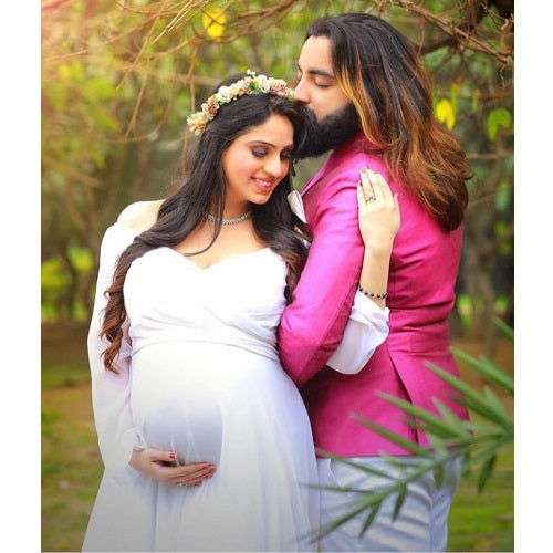 G444, White Trail Lycra Body Fit Maternity Gown, Size: All, Color: All