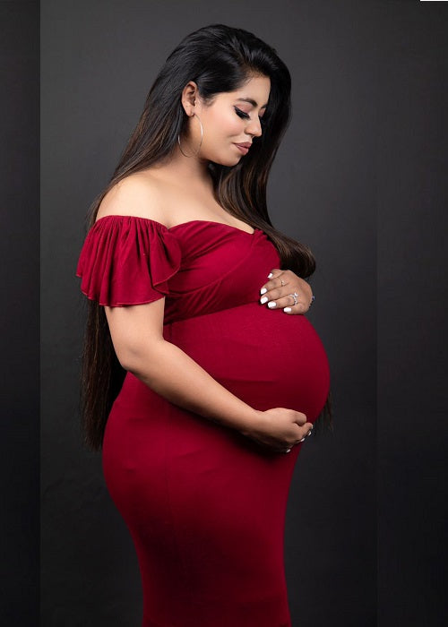 G247,Red Wine Maternity Shoot Baby Shower Trail Lycra Body Fit Gown, Size: All, Color: All