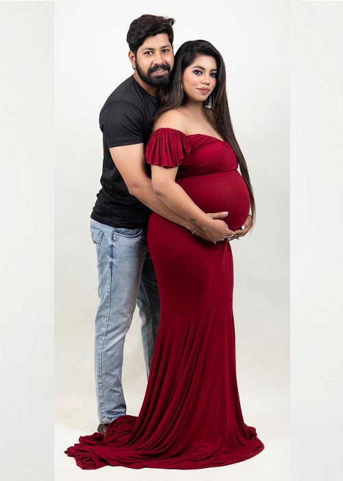 G247,Red Wine Maternity Shoot Baby Shower Trail Lycra Body Fit Gown, Size: All, Color: All