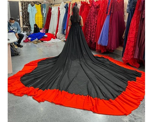 G501, Gerua Black Prewedding Shoot Infinity Long Trail Gown, Size: All, Color: All
