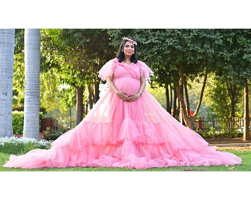 G555, Peach Ruffled Maternity Shoot Gown, Size: All, Color: All