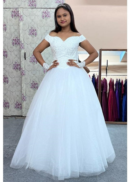W146, White Luxury Semi Off Shoulder Ball Gown, Size (XS-30 to XXL-44)
